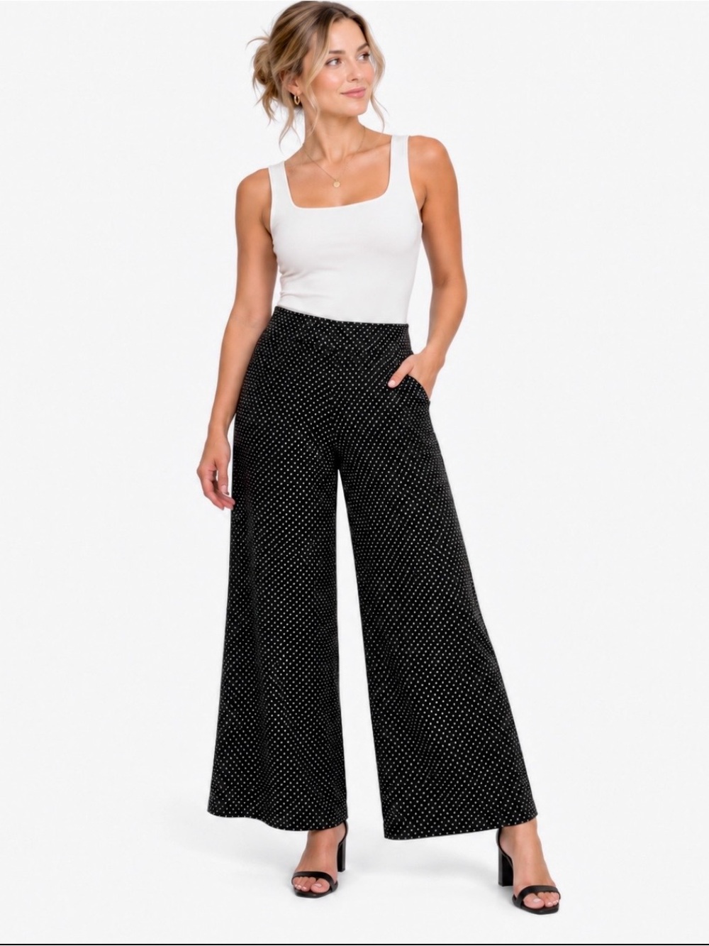 Elevenses Anthropologie Black White Diamond Dot Wide Leg Sailor Pants Sz 8